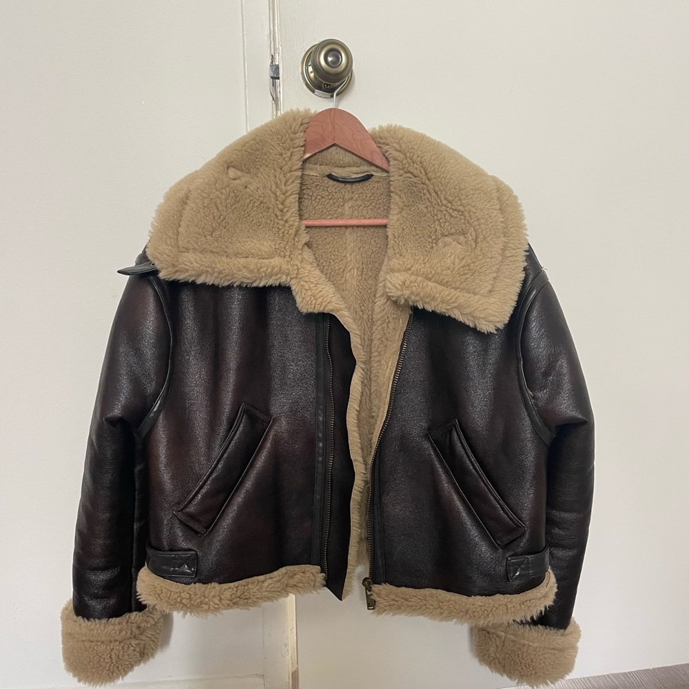 Brown Shearling-Lined Aviator Jacket with Tan Fur… - image 1